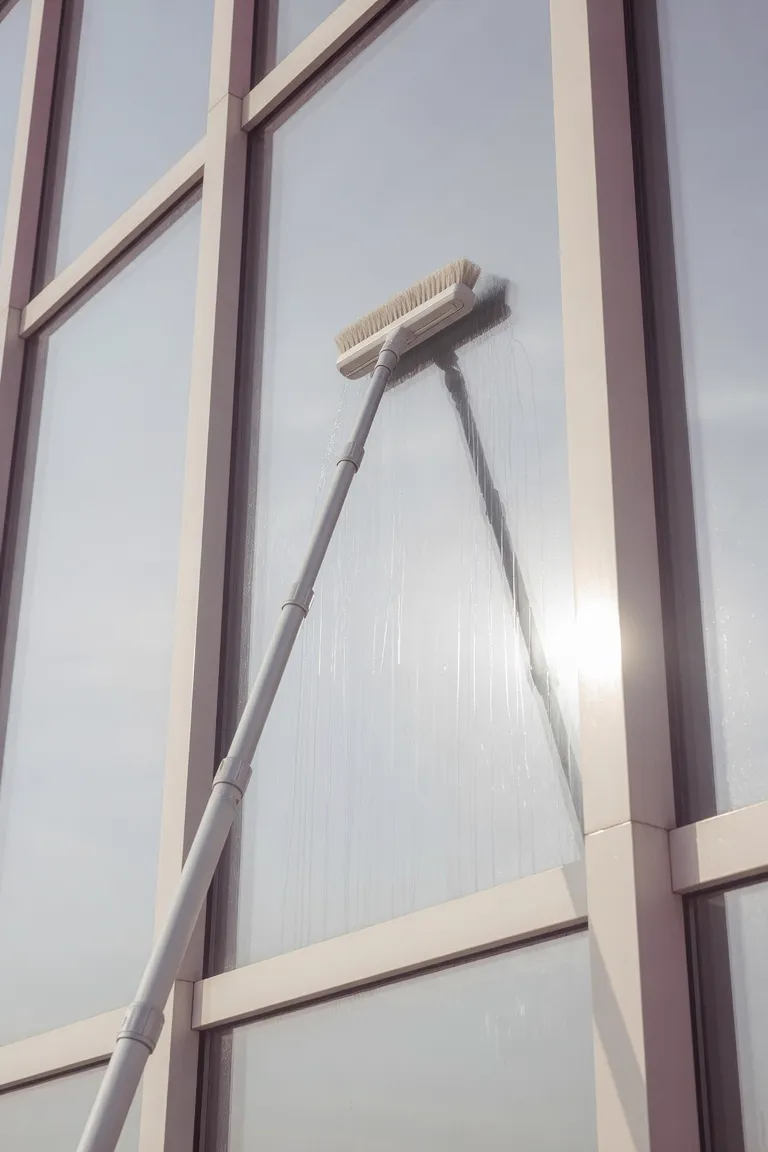 Osmose-Teleskopstange an einer hohen Glasfassade (KI-generiertes Symbolbild)