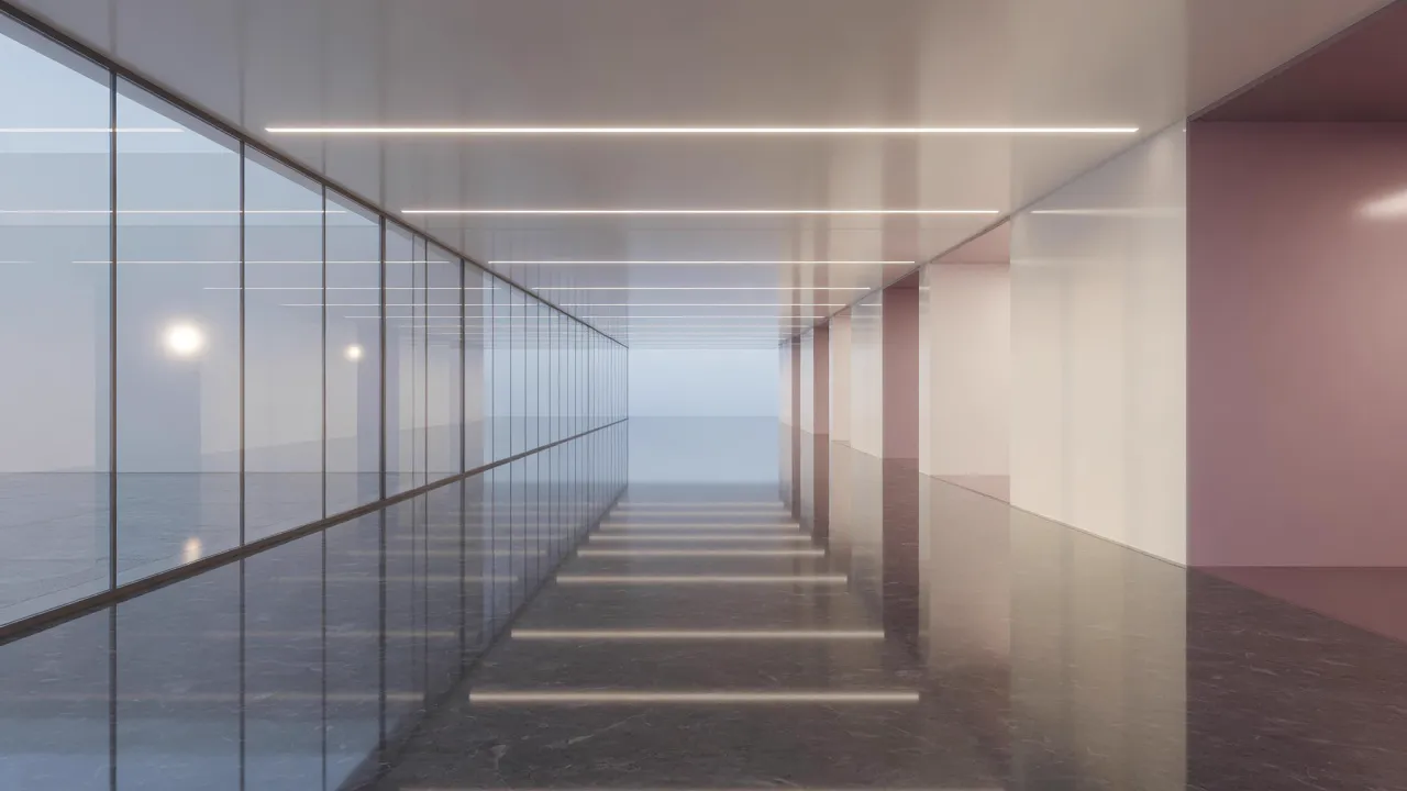 Leere, spiegelnd gereinigte Bürolobby mit Steinboden im Tageslicht (KI-generiertes Symbolbild)