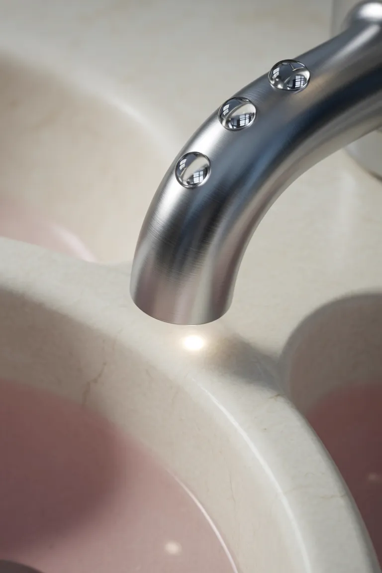 Armatur mit klaren Wasserperlen im Bad (KI-generiertes Symbolbild)