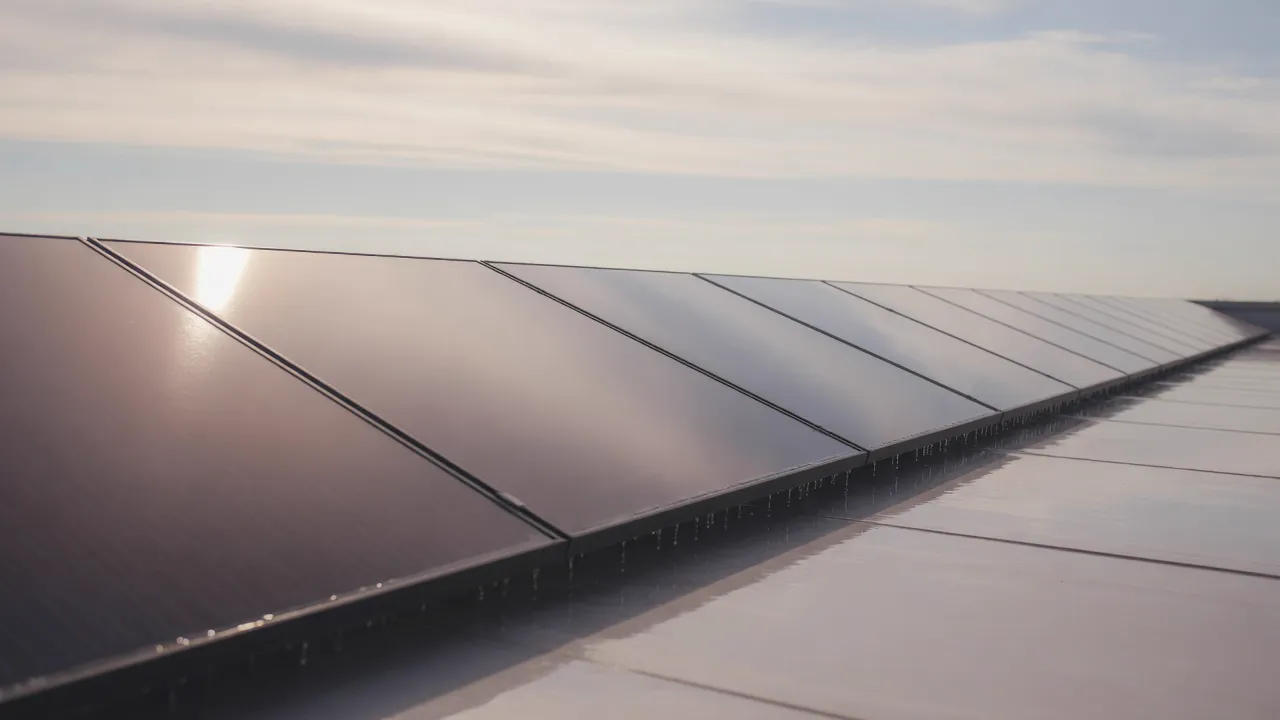 Solarmodulreihe mit Wasserfilm im Morgenlicht (KI-generiertes Symbolbild)